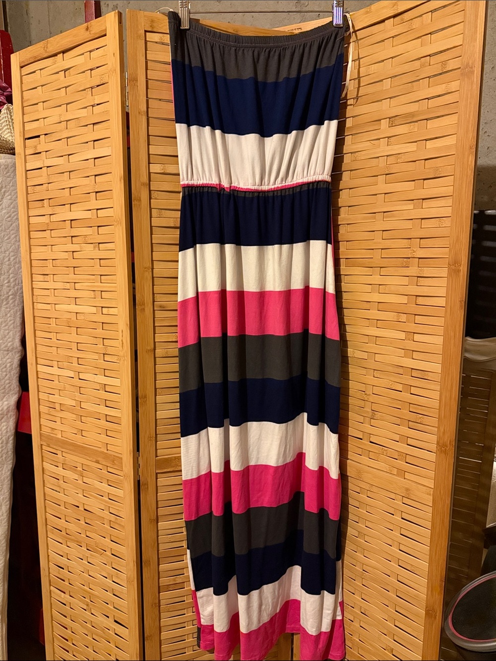 5th & Love Strapless Maxi Dress in Navy, White & Pink Stripes